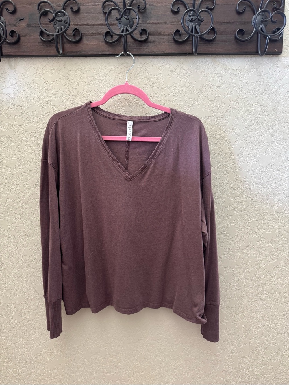 STYLUS Brown V-Neck Long Sleeve Top